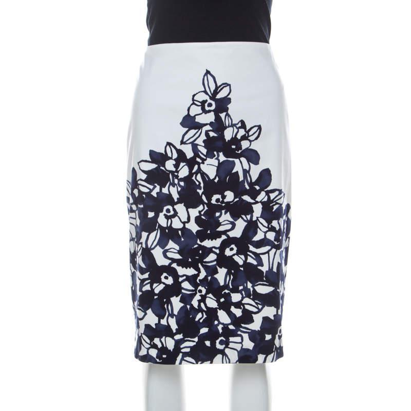 商品[二手商品] St. John|St. John White and Navy Blue Floral Printed Stretch Cotton Pencil Skirt L,价格¥786,第1张图片