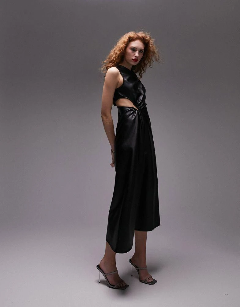 商品Topshop|Topshop PU assymetric cut out detail midi dress in black,价格¥720,第1张图片