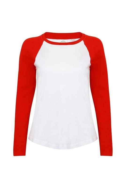 商品Skinni Fit|Skinnifit Womens/Ladies Long Sleeve Baseball T-Shirt (White/Red),价格¥136,第1张图片