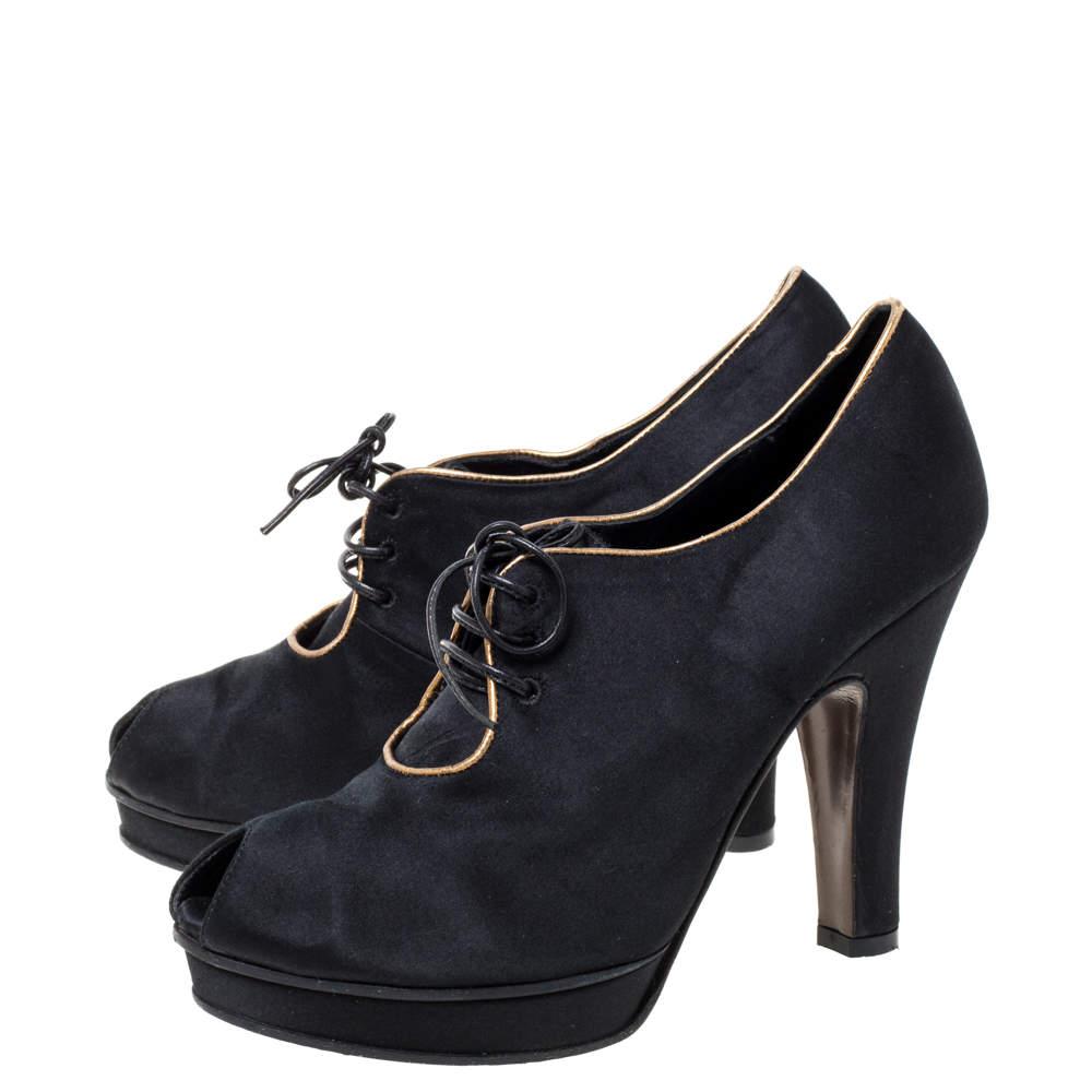 Fendi Black Satin Platform Peep Toe Lace Up Ankle Booties Size 37商品第4张图片规格展示