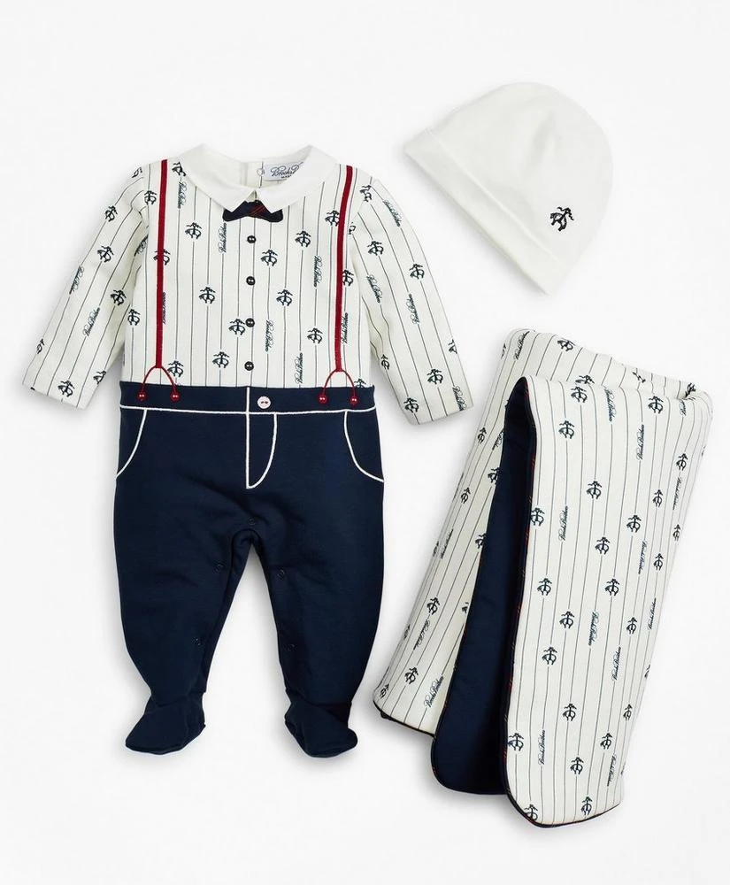 商品Brooks Brothers|Boys Pinstripes & Suspenders Stretch Cotton Footie, Hat & Blanket Set - 6 Months,价格¥771,第1张图片