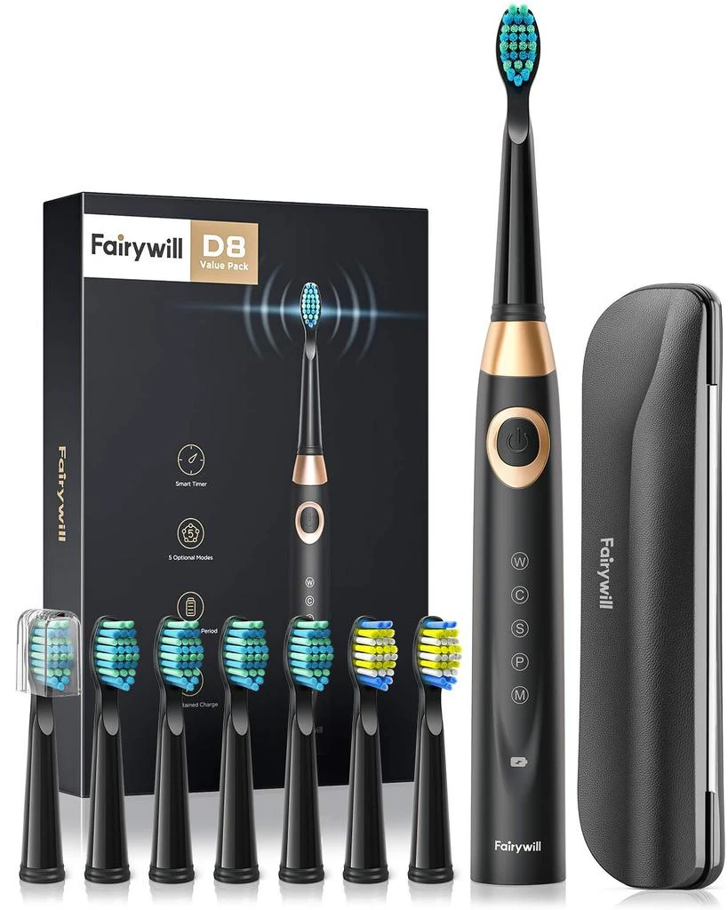 商品Fairywill|Fairywill Electric Toothbrush for Adults and Kids Accepted by American Dental Association, 8 Dupont Brush Heads & Travel Case 5 Modes Rechargeable Whitening Power Sonic Toothbrush Smart Timer Black,价格¥193,第1张图片