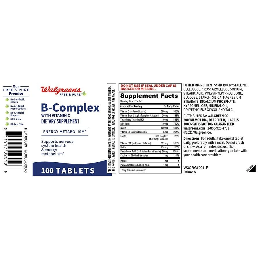 商品Walgreens Free & Pure|B-Complex with Vitamin C Tablets (100 days),价格¥90,第2张图片详细描述