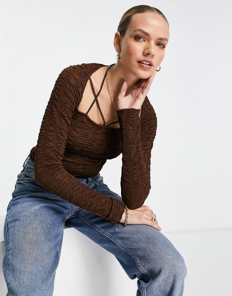 Topshop textured multi strap long sleeve top in brown商品第1张图片规格展示