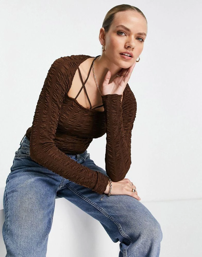 商品Topshop|Topshop textured multi strap long sleeve top in brown,价格¥216,第1张图片