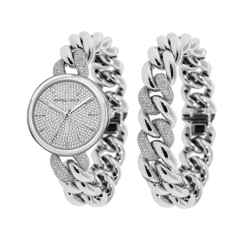 商品KENDALL & KYLIE|Women's Silver Tone and Crystal Chain Link Stainless Steel Strap Analog Watch and Bracelet Set,价格¥150,第1张图片