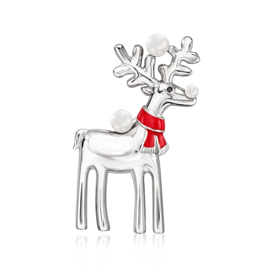 商品Ross-Simons|2-4mm Cultured Pearl and Red Enamel Reindeer Pin/Pendant in Sterling Silver With Black Spinel Accent,价格¥825,第1张图片