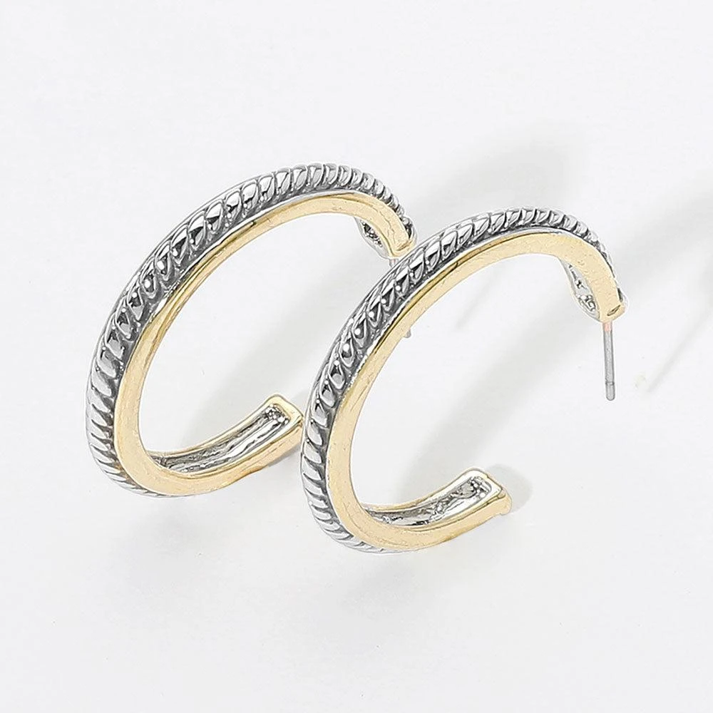 商品FASHNZFAB|14K Gold Plated Two Tone Textured Hoop Earrings - Two Tone,价格¥201,第1张图片