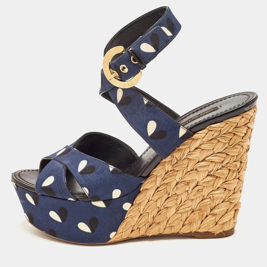 商品[二手商品] Louis Vuitton|Louis Vuitton Navy Blue Printed Fabric Espadrille Wedge Ankle Wrap Sandals Size 38,价格¥1002,第1张图片