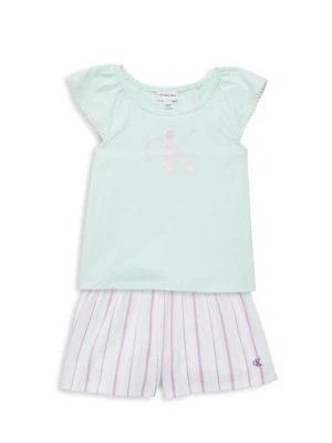 商品Calvin Klein|Little Girl’s 2-Piece Logo Tee & Striped Shorts Set,价格¥74,第1张图片