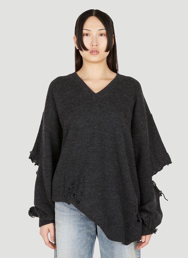 Destroyed V Neck Sweater in Grey商品第1张图片规格展示