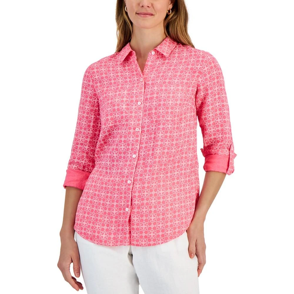商品Charter Club|Women's 100% Linen Geo-Print Roll-Tab Shirt, Created for Macy's,价格¥262,第1张图片