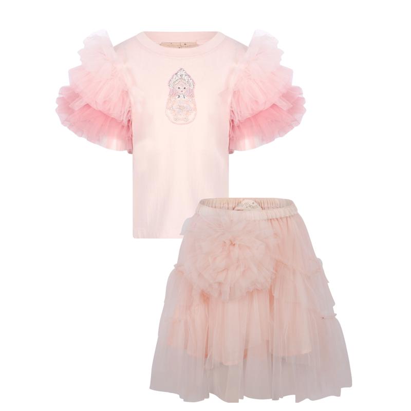 Matryoshka embellishment ruffled tulle sleeves top and hampton mesh skirt set in pink商品第1张图片规格展示