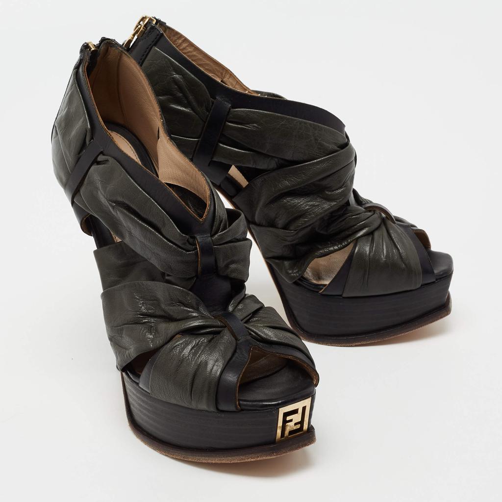 Fendi Black Pleated Leather Peep Toe Ankle Booties Size 38商品第4张图片规格展示