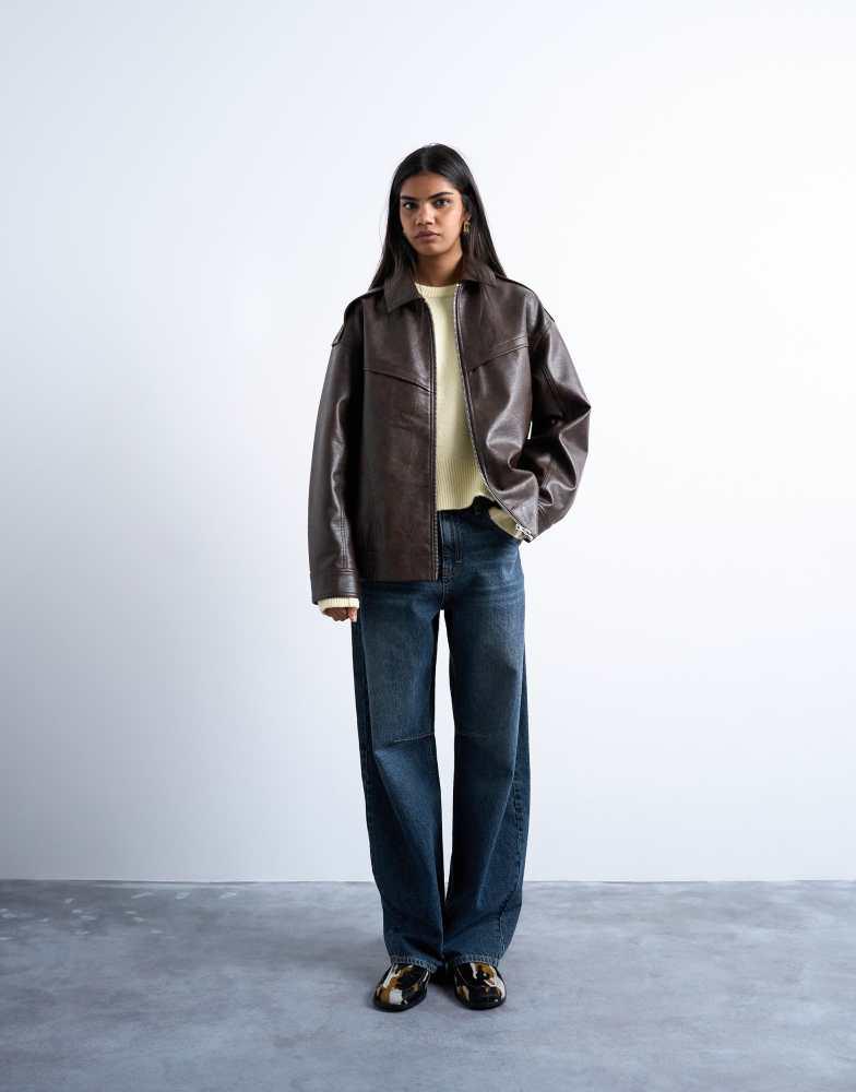 Topshop faux leather vintage wash seam detail zip thru oversized