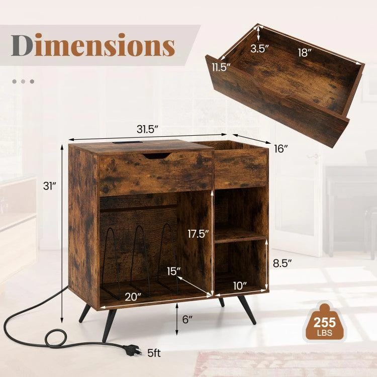 Record Player Stand with Power Outlet-Rustic Brown 商品