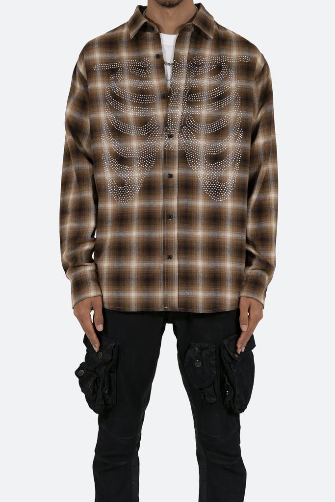 Rhinestone Skeleton Flannel Shirt - Brown商品第1张图片规格展示