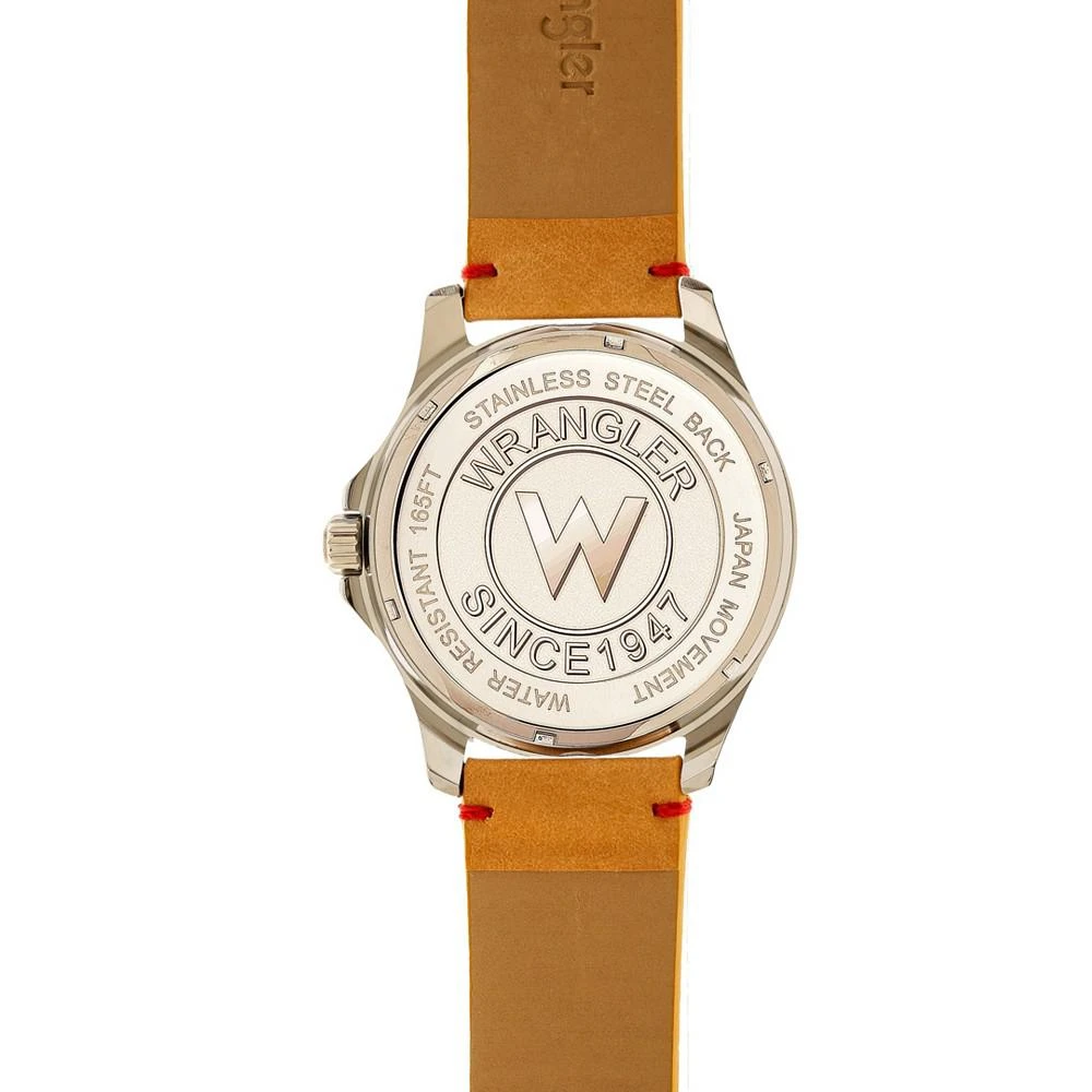 商品Wrangler|Men's Watch, 48MM Silver Colored Dial, Brown Zoned Dial with White Markers and Crescent Cutout, Date Function, Tan Strap with Red Accent Stitch Analog, Red Second Hand,价格¥415,第4张图片详细描述