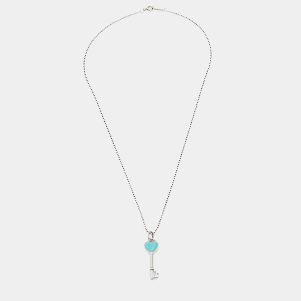 Tiffany & Co. Sterling Silver Blue Enamel Heart Key Pendant Necklace商品第2张图片规格展示