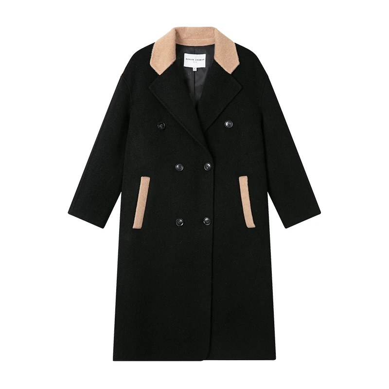 Teagan黑色摩登双排扣法式百搭羊毛大衣 | Teagan Wool Coat - Black & Camel 商品