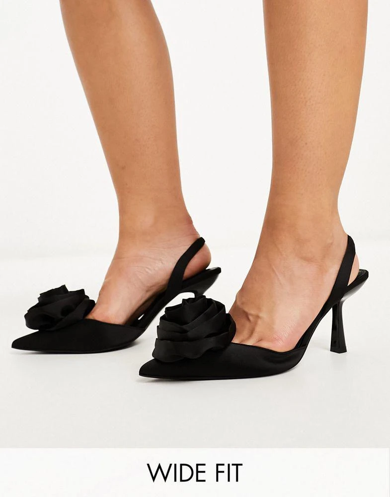 商品ASOS|ASOS DESIGN Wide Fit Sia corsage slingback mid heeled shoes in black,价格¥225,第1张图片