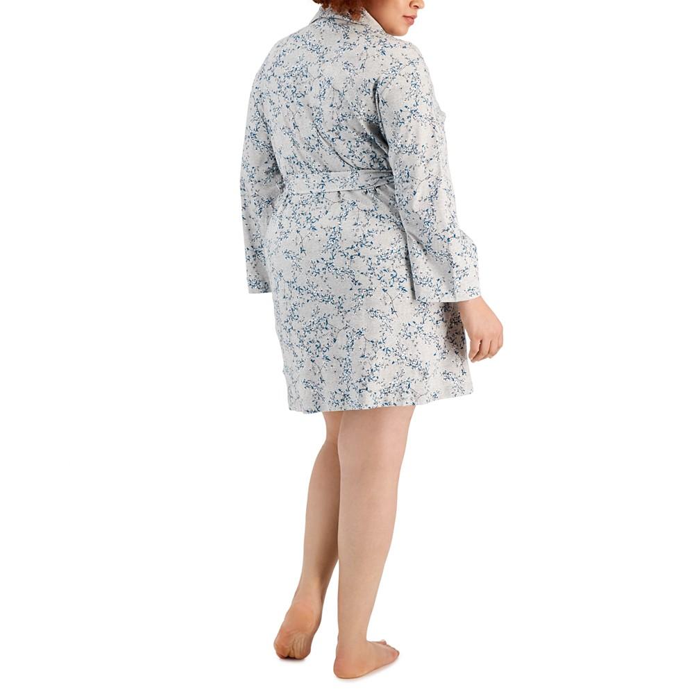 Plus Size Printed Short Cotton Wrap Robe, Created for Macy's商品第2张图片规格展示