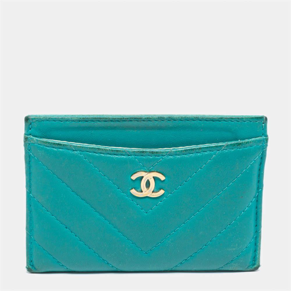 商品[二手商品] Chanel|Chanel Teal Chevron Leather CC Card Holder,价格¥2721,第1张图片