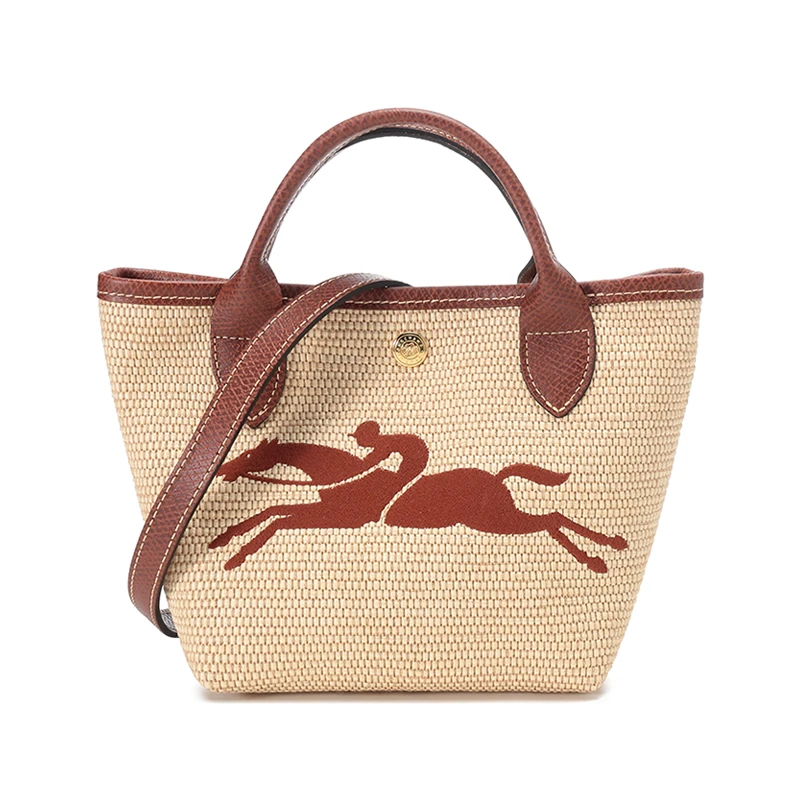 商品[国内直发] Longchamp|珑骧 Le Pliage Paris 15 草编亚麻布拼牛皮 LOGO刺绣拼色饺子包单肩包手提包 迷你 女款 卡其色拼棕色,价格¥3055,第1张图片
