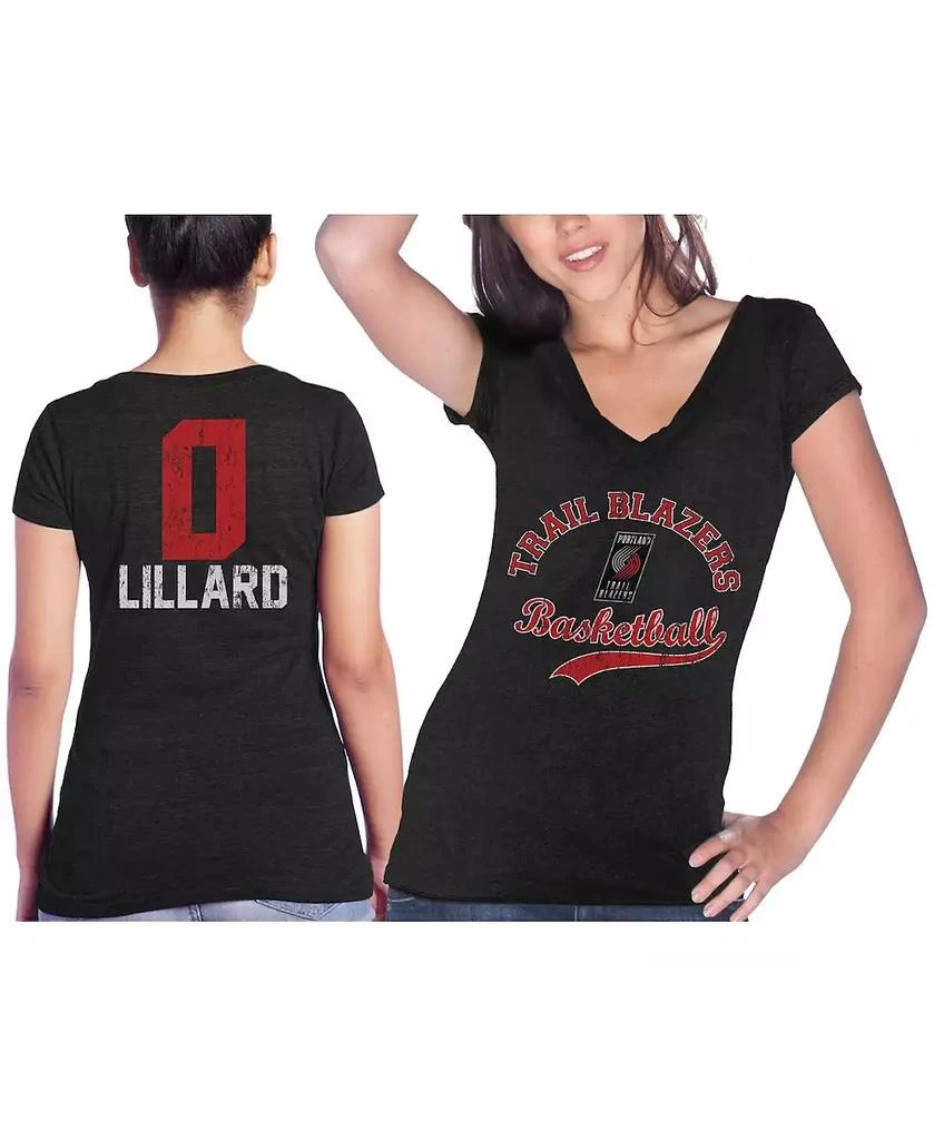 商品Majestic|Women's Threads Damian Lillard Black Portland Trail Blazers Name & Number Tri-Blend V-Neck T-shirt,价格¥297,第1张图片