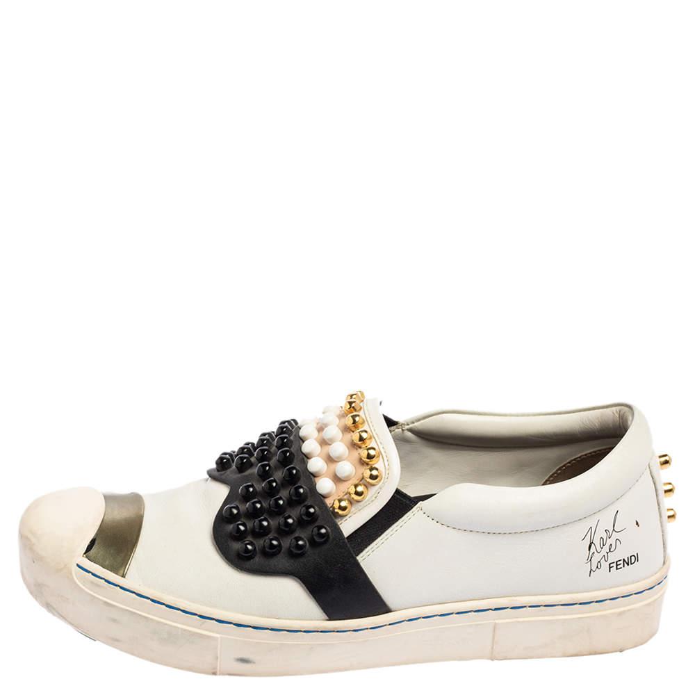 Fendi Black\White Leather Karlito Studded Low Top Sneakers Size 38商品第2张图片规格展示