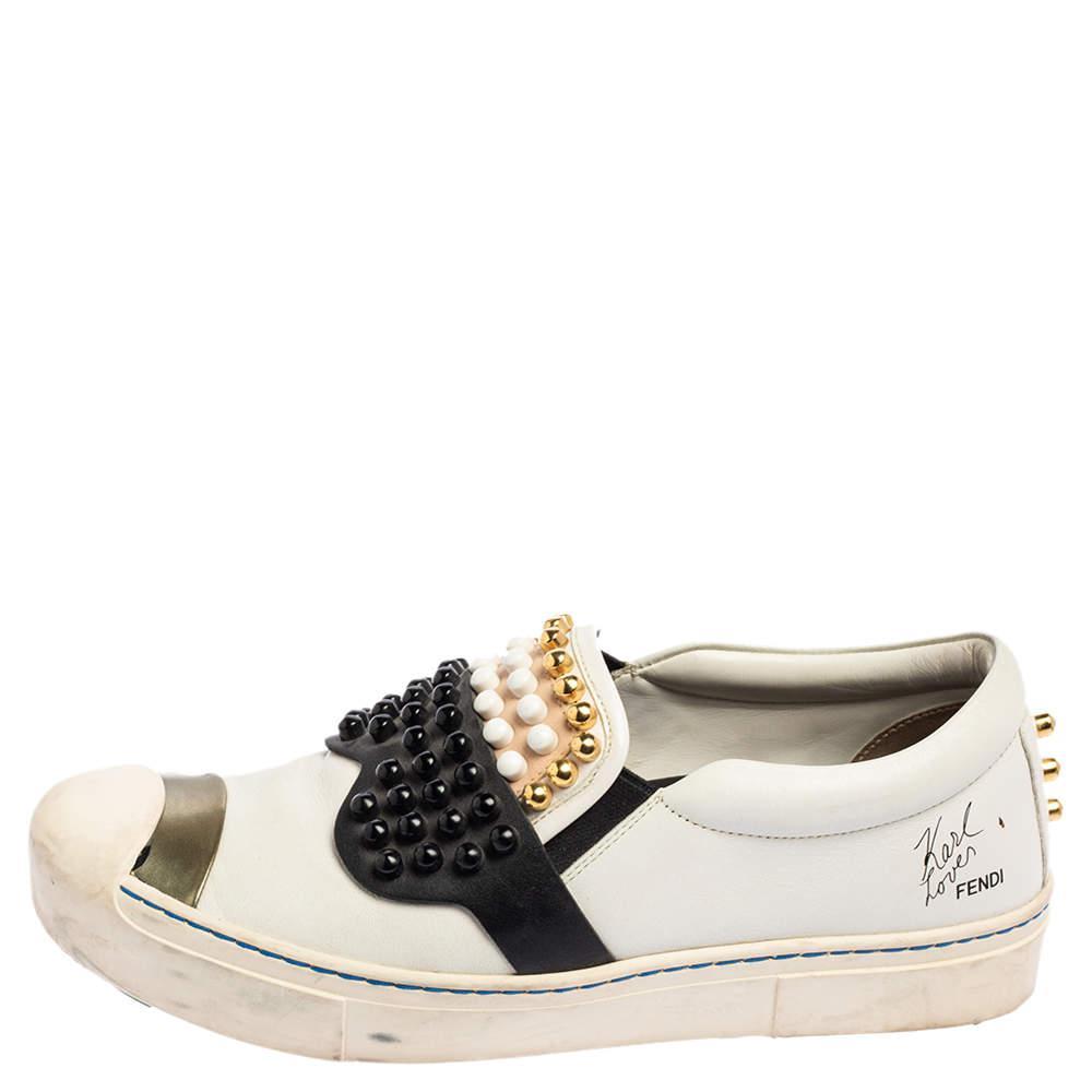 商品[二手商品] Fendi|Fendi Black\White Leather Karlito Studded Low Top Sneakers Size 38,价格¥1192,第4张图片详细描述