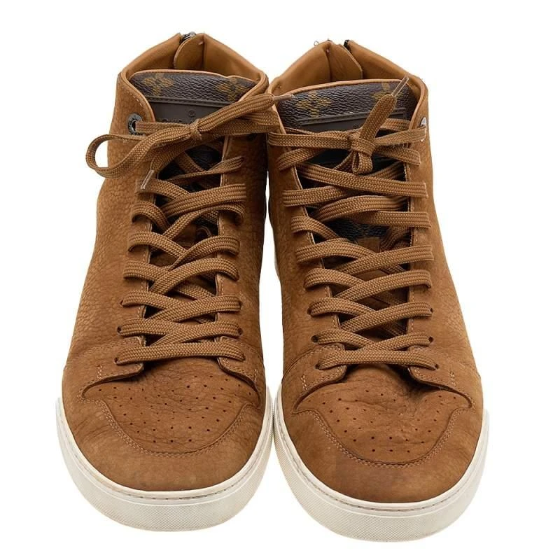 商品[二手商品] Louis Vuitton|Louis Vuitton Brown Leather And Monogram Canvas High Top Sneakers Size 41.5,价格¥1908,第3张图片详细描述
