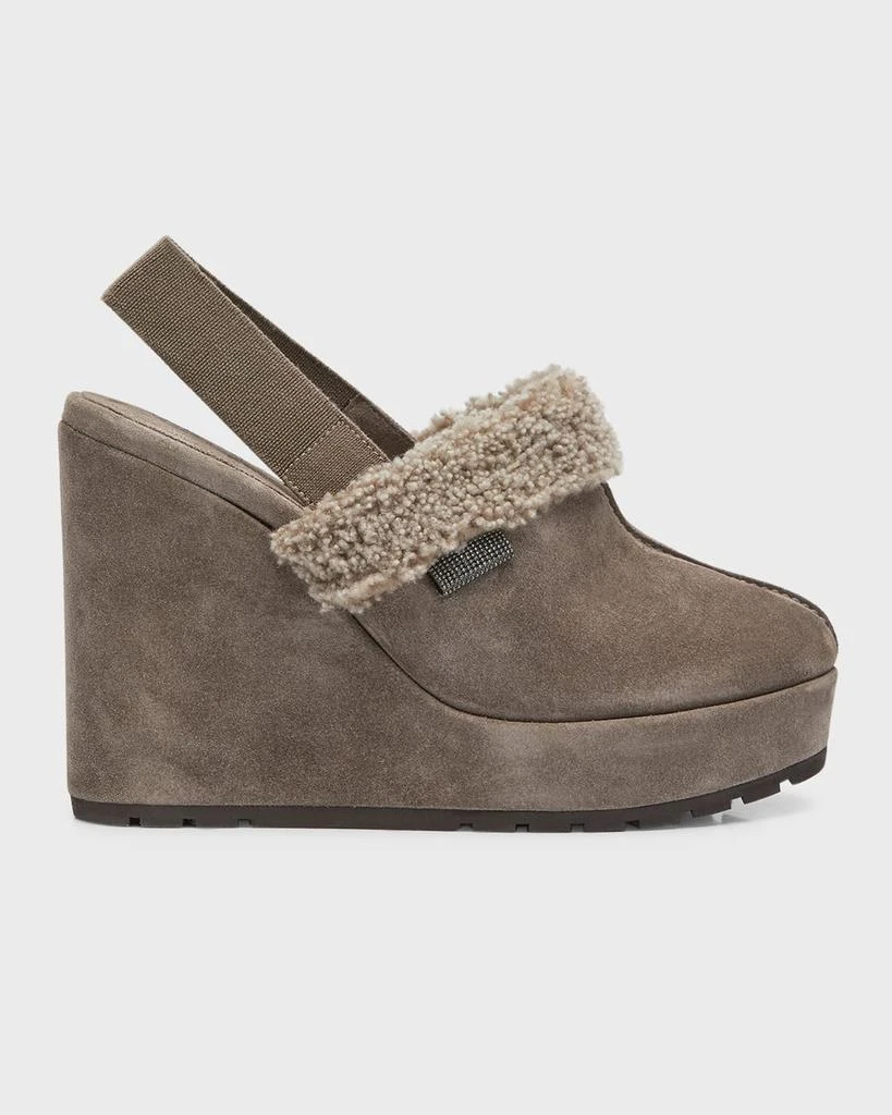 商品Brunello Cucinelli|Suede Shearling Wedge Slingback Clogs,价格¥4890,第1张图片