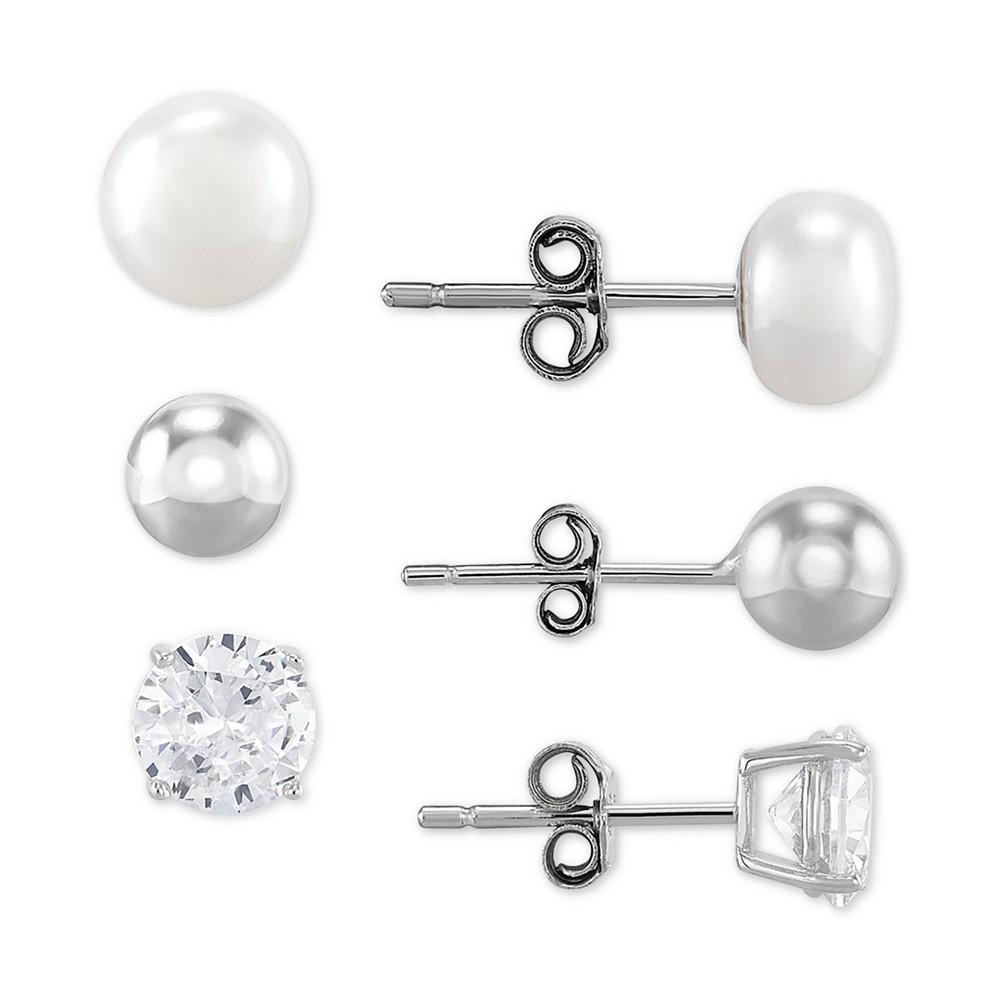 3-Pc. Set Cultured Freshwater Pearl (6mm) & Cubic Zirconia Stud Earrings in Sterling Silver, Created for Macy's商品第1张图片规格展示