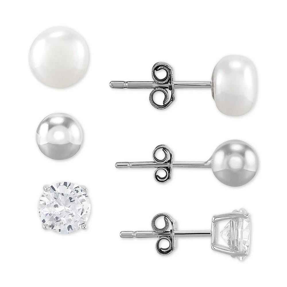 商品Giani Bernini|3-Pc. Set Cultured Freshwater Pearl (6mm) & Cubic Zirconia Stud Earrings in Sterling Silver, Created for Macy's,价格¥639,第1张图片