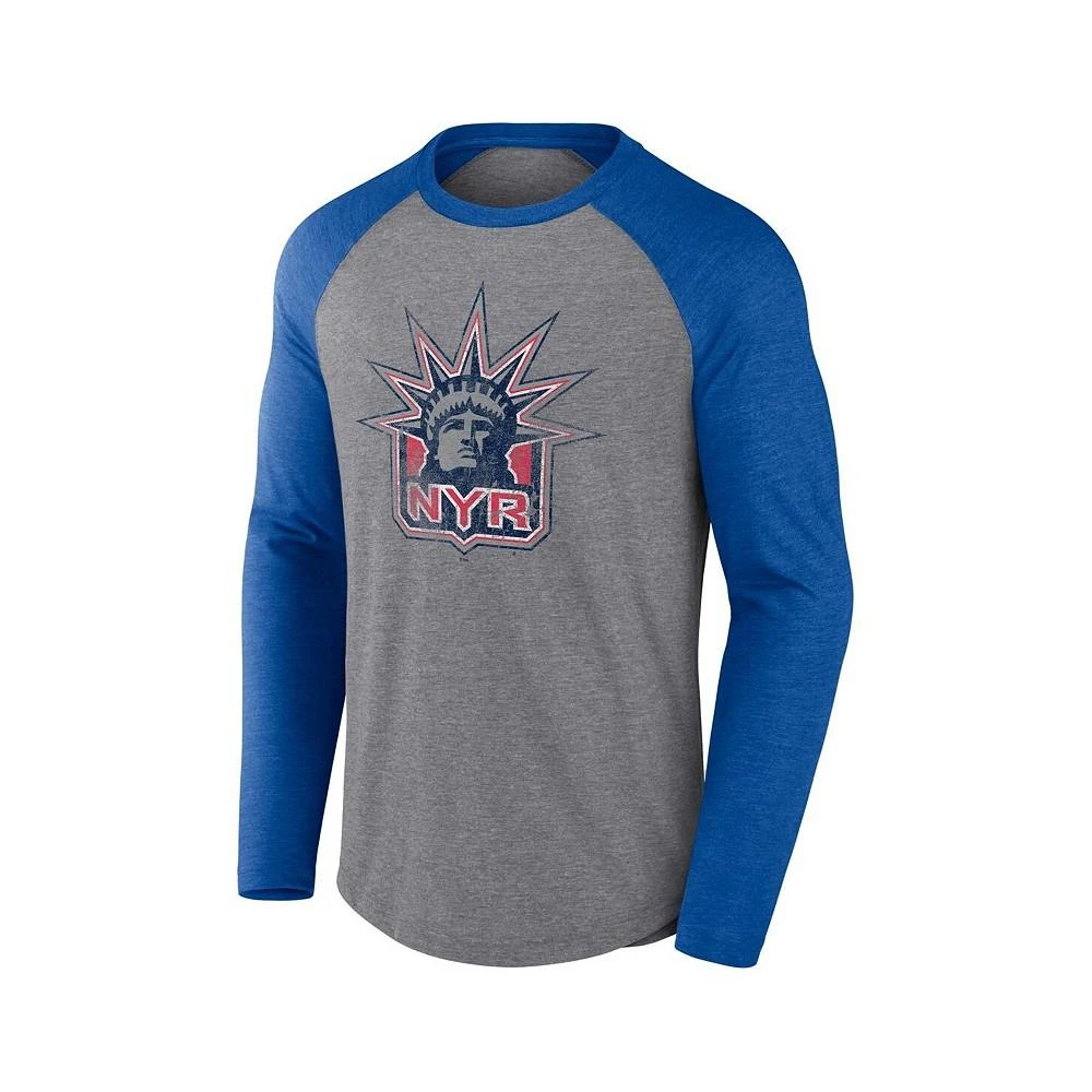 商品Fanatics|Men's Branded Heather Gray, Royal New York Rangers Special Edition 2.0 Long Sleeve Raglan T-shirt,价格¥288,第3张图片详细描述