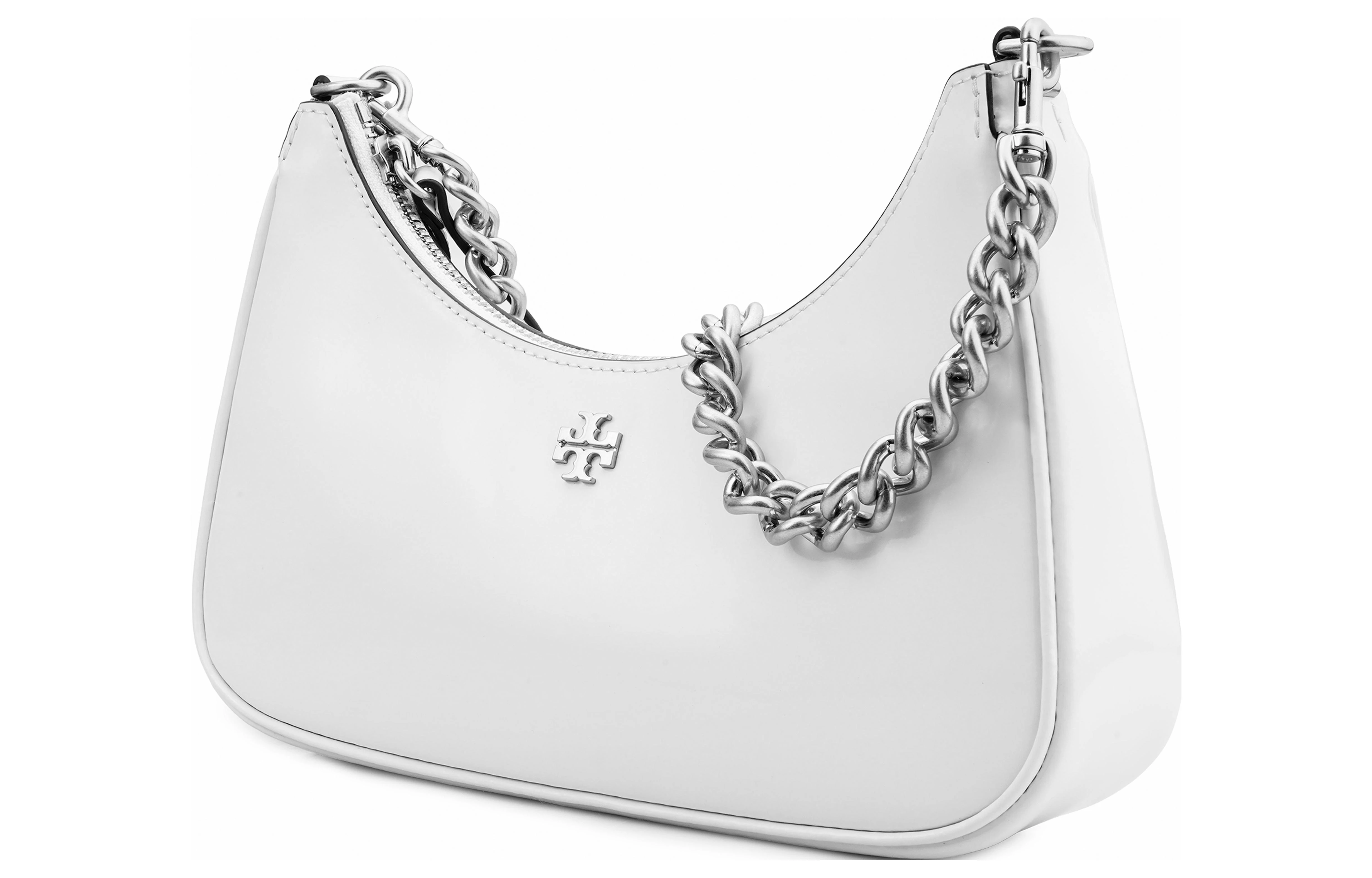 商品[国内直发] Tory Burch|MERCER 银色双T标志拼色可拆卸肩带 皮革 月牙包腋下包手提单肩包 小号 女款 白色,价格¥2114,第5张图片详细描述