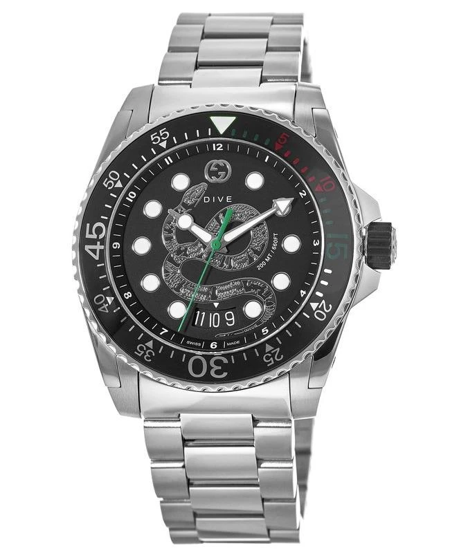 商品Gucci|Gucci Dive 45mm Black Snake Dial Steel Men's Watch YA136218,价格¥9363,第1张图片