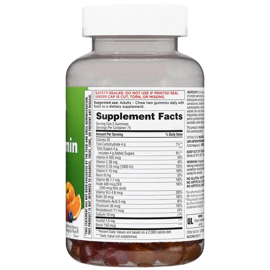 商品Walgreens|Adult Multivitamin Gummies Natural Mixed Berry, Orange & Peach,价格¥93,第3张图片详细描述