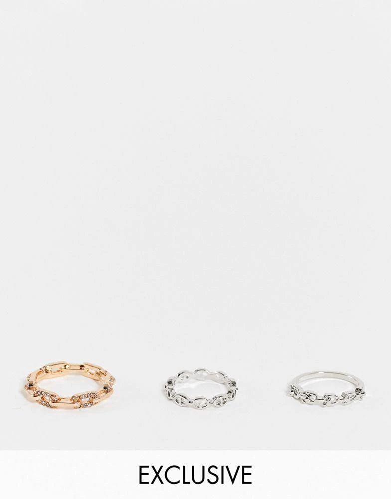商品Reclaimed Vintage|Reclaimed Vintage inspired ultimate chain rings in mixed metal 3 pack,价格¥50,第1张图片