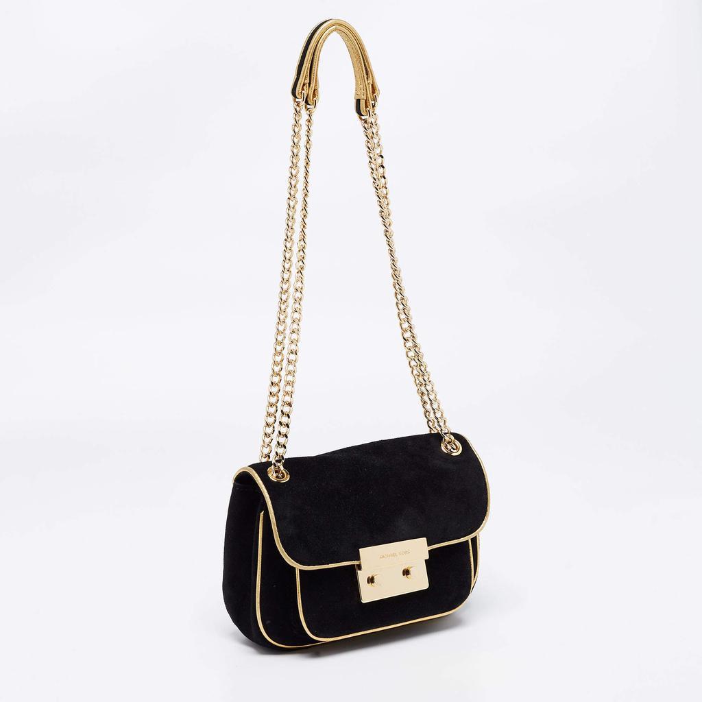 商品[二手商品] Michael Kors|Michael Kors Black/Gold Suede and Leather Small Sloan Shoulder Bag,价格¥2593,第5张图片详细描述