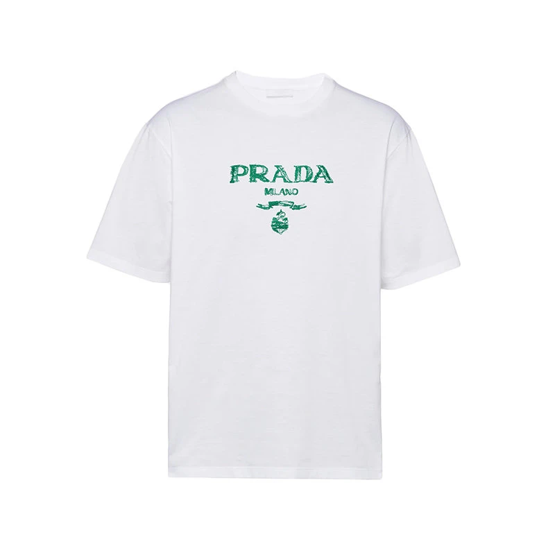 商品Prada|【预售3-7天】PRADA/普拉达 22年春夏 男士白色/翡翠绿色纯棉Logo印花基础廓形短袖T恤UJN815_1070_F0F7Z_S_221,价格¥60666,第1张图片