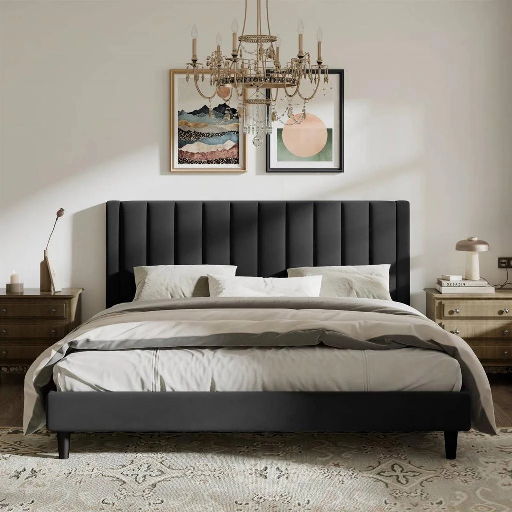 商品QuikFurn|King size Modern Black Velvet Upholstered Platform Bed with Headboard,价格¥5303,第1张图片