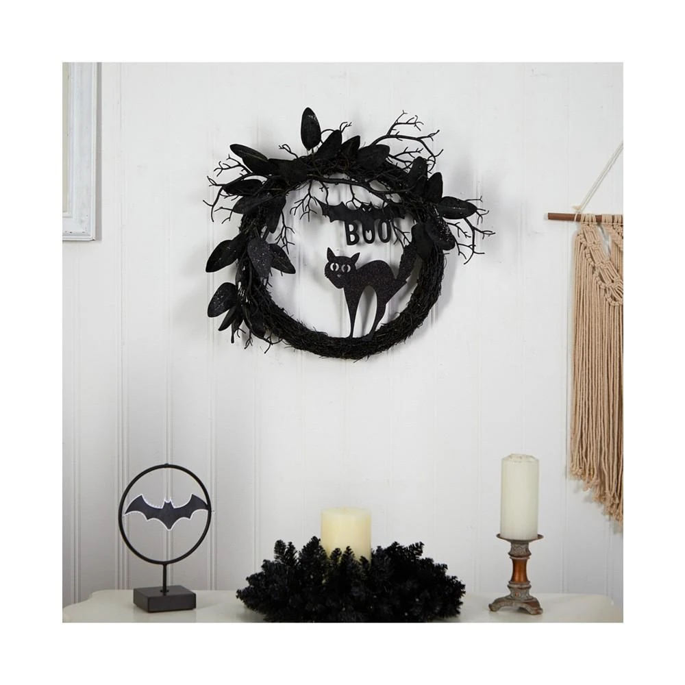 商品NEARLY NATURAL|22" Halloween Black Cat and Bat Boo Twig Wreath,价格¥484,第3张图片详细描述