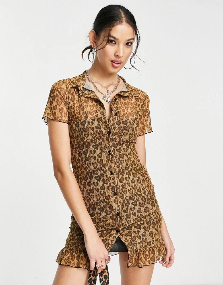 商品Daisy Street|Daisy Street button front frill hem mini dress in leopard heart mesh,价格¥192,第1张图片