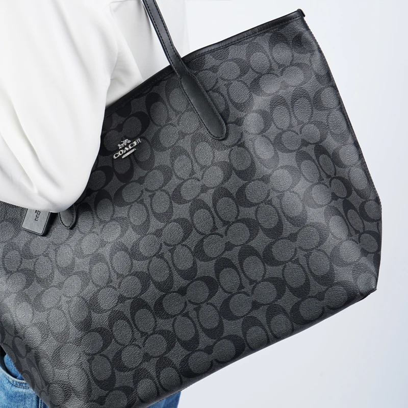 商品[国内直发] Coach|蔻驰 City 33 经典老花按扣开合大容量 帆布拼皮革 托特包Tote包购物袋单肩包 女款 黑色,价格¥2497,第8张图片详细描述