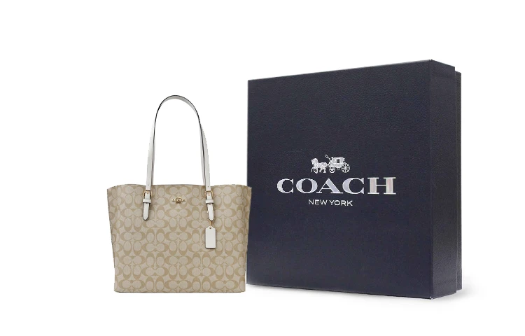 商品[国内直发] Coach|蔻驰 Mollie 34 经典标志老花字母满印 标志性涂层帆布和光滑皮革 托特包Tote包购物袋手提单肩包 大号 女款 白色配卡其老花,价格¥1964,第10张图片详细描述