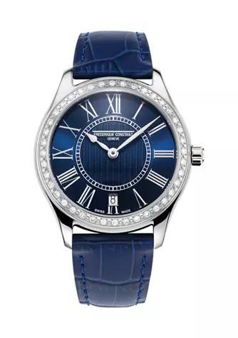 商品Frederique Constant|Women's Swiss Classic Diamond Blue Leather Strap Watch,价格¥20269,第1张图片