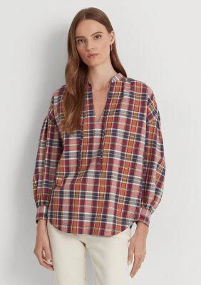 商品Ralph Lauren|Ralph Lauren Cotton Madras Tie Neck Blouse,价格¥873,第1张图片