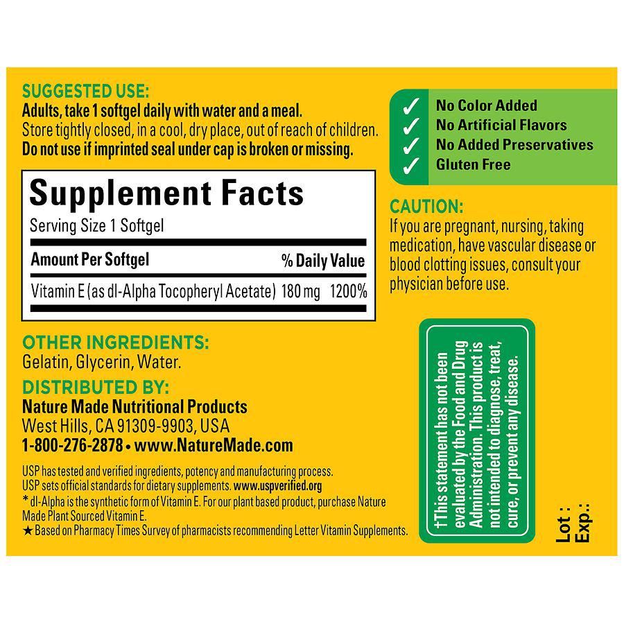 Vitamin E 180 mg (400 IU) dl-Alpha Softgels商品第4张图片规格展示